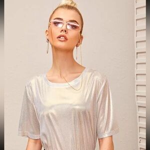 Elegant Cream Semi Sheer Metallic Glitter Short Sleeve Top